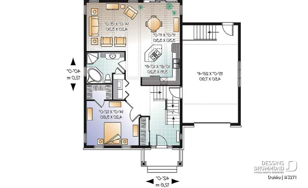 Rez-de-chaussée - Plan de bungalow champêtre avec garage, 1 à 2 chambres, espace ouvert, îlot, superbe fenestration - Dahlia