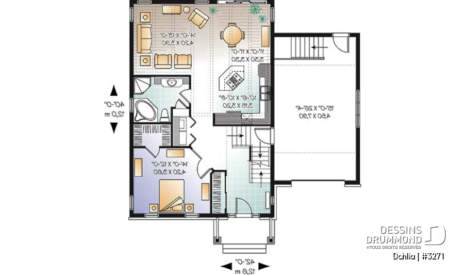 Rez-de-chaussée - Plan de bungalow champêtre avec garage, 1 à 2 chambres, espace ouvert, îlot, superbe fenestration - Dahlia