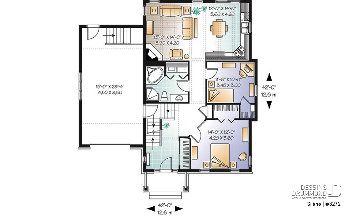Rez-de-chaussée - Plan de maison de plain-pied, 2 à 3 chambres, avec garage, rangement boni, espace ouvert - Silène