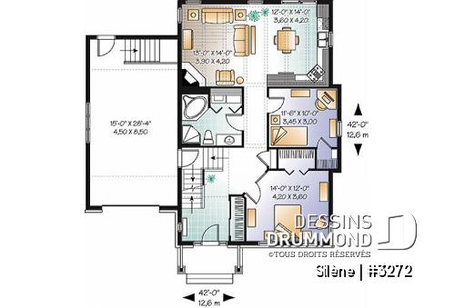 Rez-de-chaussée - Plan de maison de plain-pied, 2 à 3 chambres, avec garage, rangement boni, espace ouvert - Silène