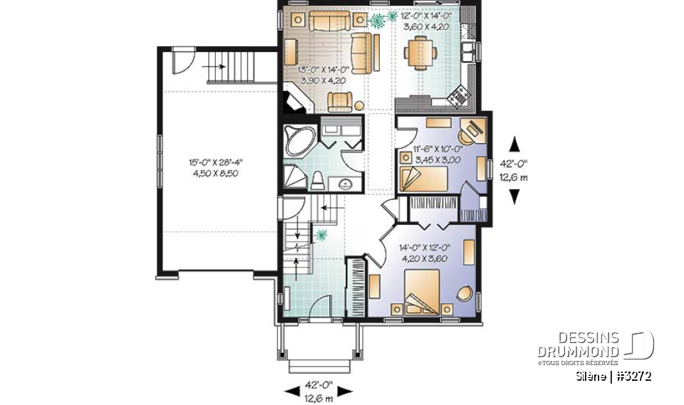 Rez-de-chaussée - Plan de maison de plain-pied, 2 à 3 chambres, avec garage, rangement boni, espace ouvert - Silène