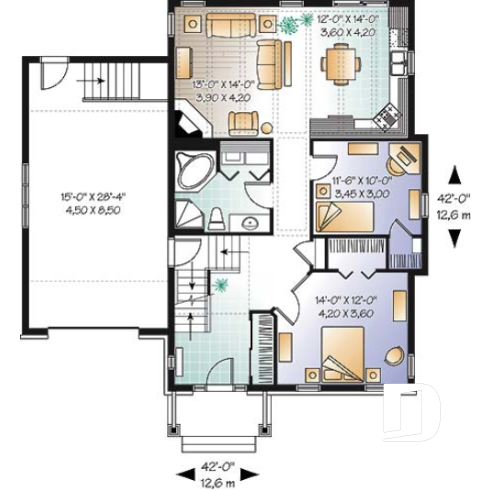 Rez-de-chaussée - Plan de maison de plain-pied, 2 à 3 chambres, avec garage, rangement boni, espace ouvert - Silène