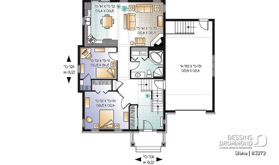 Rez-de-chaussée - Plan de maison de plain-pied, 2 à 3 chambres, avec garage, rangement boni, espace ouvert - Silène