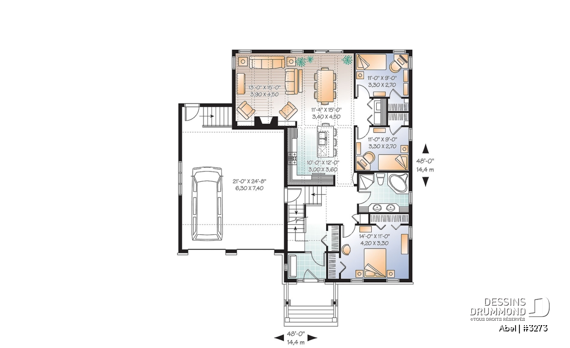 Rez-de-chaussée - Plan de maison, 3 chambres, garage double avec espace boni, foyer, îlot cuisine, plafond à 9 pieds - Abel