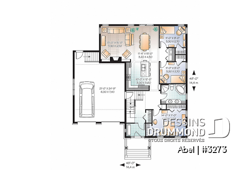 Rez-de-chaussée - Plan de maison, 3 chambres, garage double avec espace boni, foyer, îlot cuisine, plafond à 9 pieds - Abel