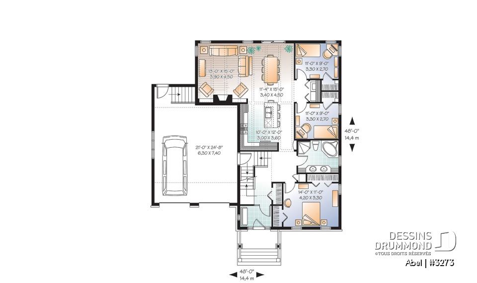 Rez-de-chaussée - Plan de maison, 3 chambres, garage double avec espace boni, foyer, îlot cuisine, plafond à 9 pieds - Abel