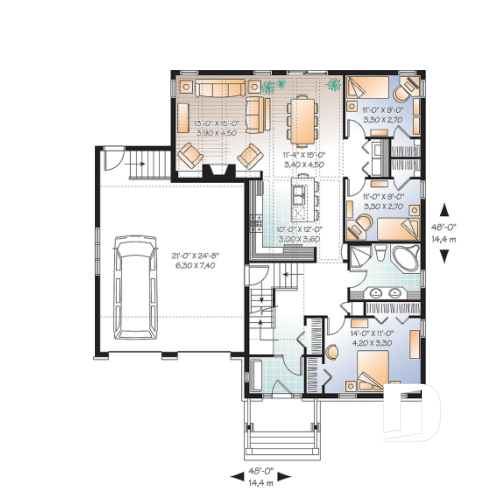 Rez-de-chaussée - Plan de maison, 3 chambres, garage double avec espace boni, foyer, îlot cuisine, plafond à 9 pieds - Abel
