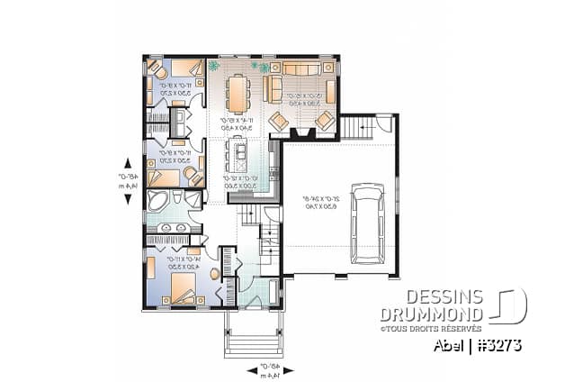 Rez-de-chaussée - Plan de maison, 3 chambres, garage double avec espace boni, foyer, îlot cuisine, plafond à 9 pieds - Abel