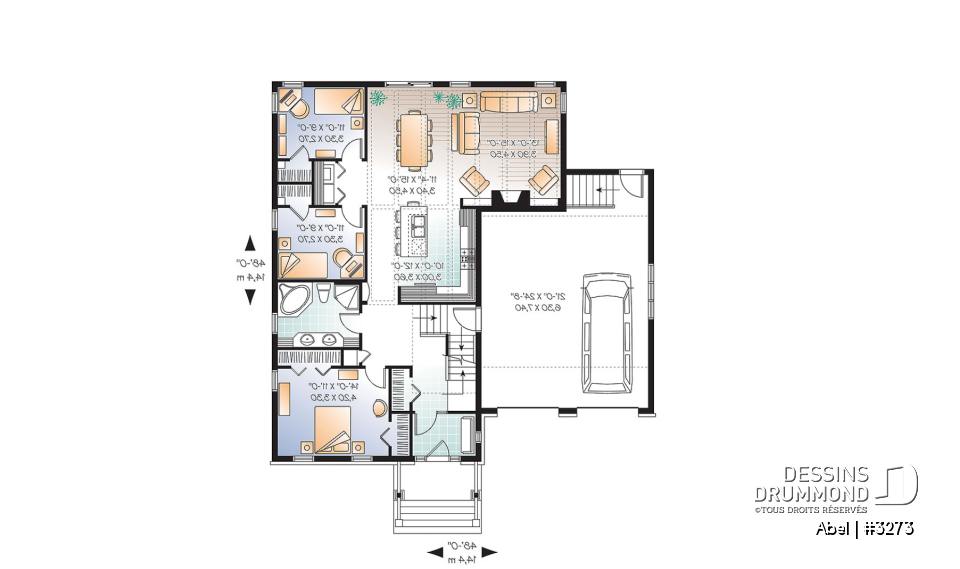 Rez-de-chaussée - Plan de maison, 3 chambres, garage double avec espace boni, foyer, îlot cuisine, plafond à 9 pieds - Abel