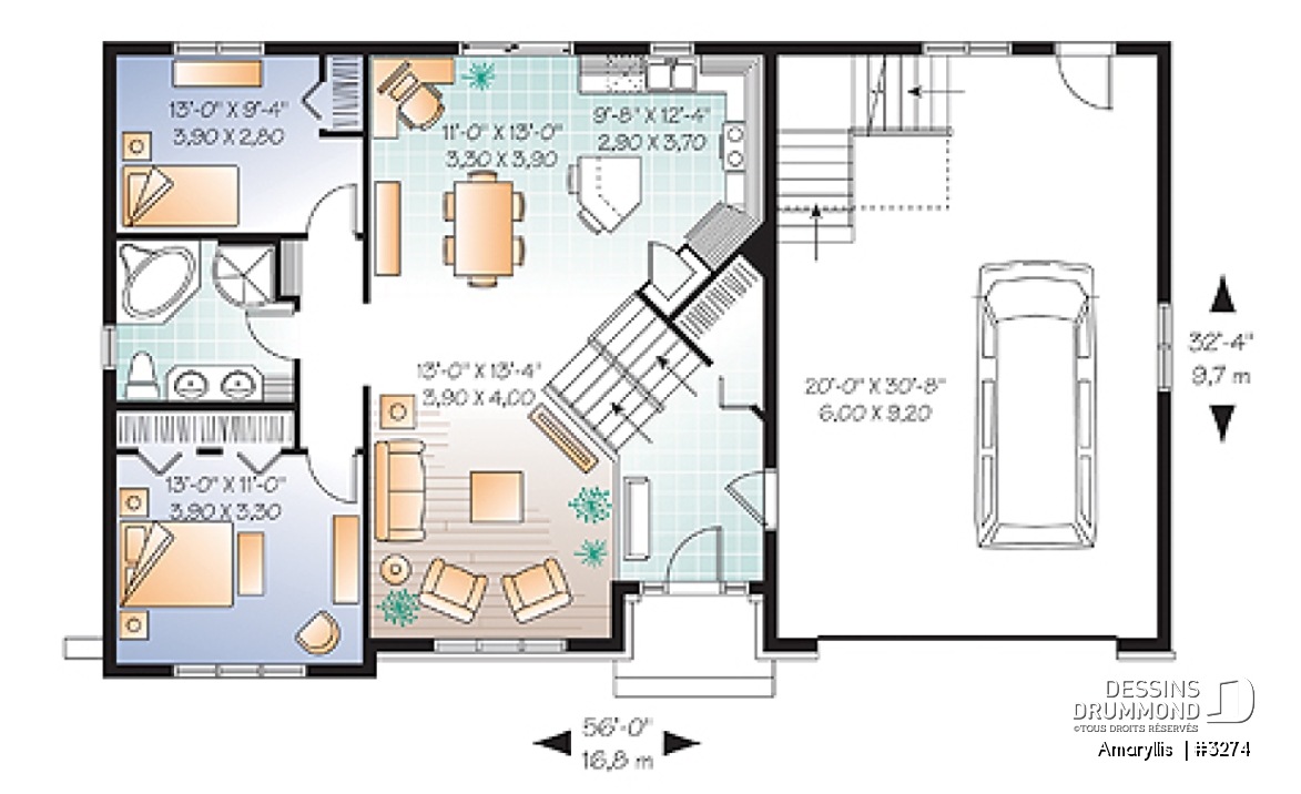 Rez-de-chaussée - Plan de maison 2 à 4 chambres, style Cap Cod, garage double, espace boni aménageable - Amaryllis 