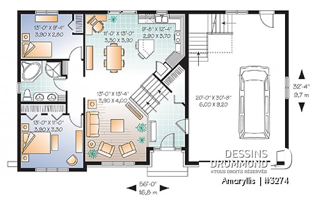 Rez-de-chaussée - Plan de maison 2 à 4 chambres, style Cap Cod, garage double, espace boni aménageable - Amaryllis 