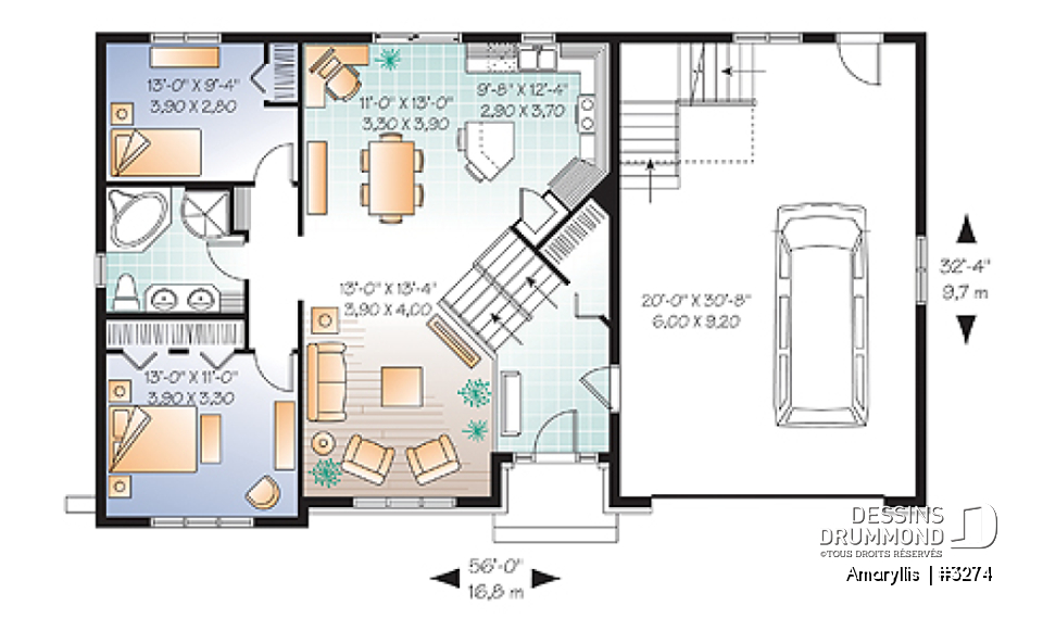 Rez-de-chaussée - Plan de maison 2 à 4 chambres, style Cap Cod, garage double, espace boni aménageable - Amaryllis 