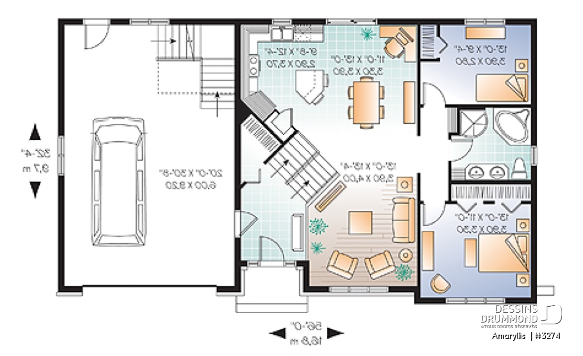 Rez-de-chaussée - Plan de maison 2 à 4 chambres, style Cap Cod, garage double, espace boni aménageable - Amaryllis 