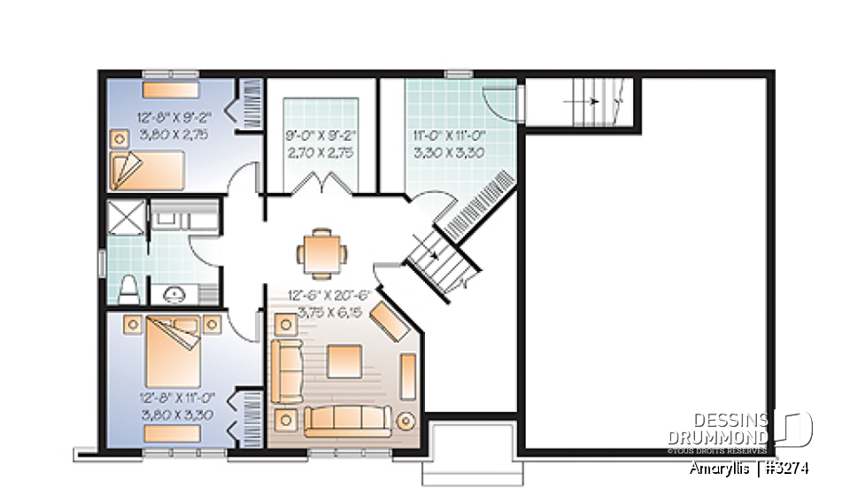 Sous-sol - Plan de maison 2 à 4 chambres, style Cap Cod, garage double, espace boni aménageable - Amaryllis 