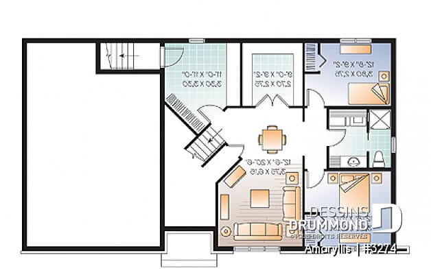 Sous-sol - Plan de maison 2 à 4 chambres, style Cap Cod, garage double, espace boni aménageable - Amaryllis 