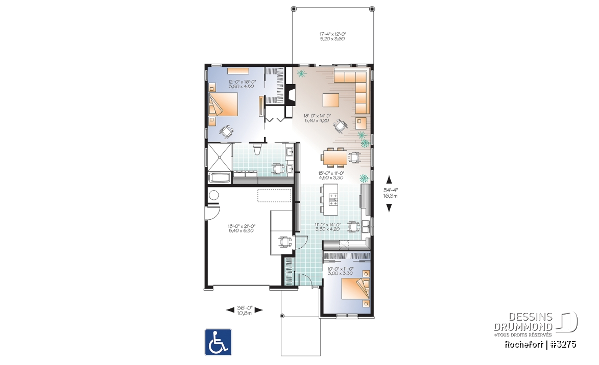 Rez-de-chaussée - Plan de bungalow adapté fauteuil roulant, 2 chambres, plafond 9pi., foyer, grande terrasse abritée - Rochefort