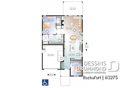Rez-de-chaussée - Plan de bungalow adapté fauteuil roulant, 2 chambres, plafond 9pi., foyer, grande terrasse abritée - Rochefort