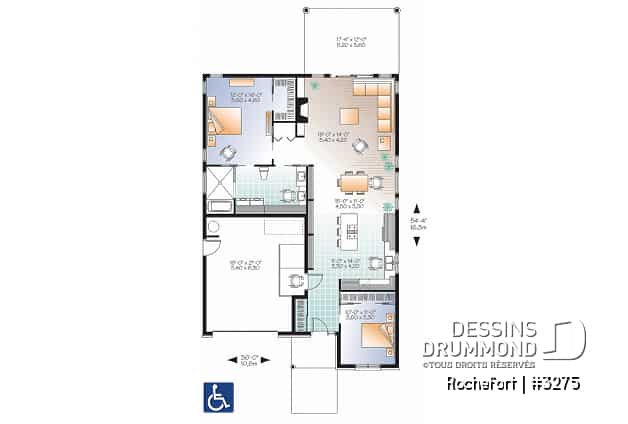 Rez-de-chaussée - Plan de bungalow adapté fauteuil roulant, 2 chambres, plafond 9pi., foyer, grande terrasse abritée - Rochefort