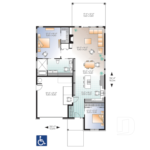 Rez-de-chaussée - Plan de bungalow adapté fauteuil roulant, 2 chambres, plafond 9pi., foyer, grande terrasse abritée - Rochefort