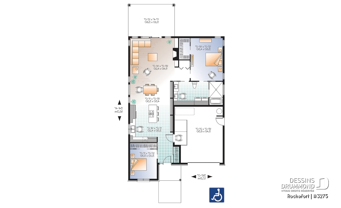 Rez-de-chaussée - Plan de bungalow adapté fauteuil roulant, 2 chambres, plafond 9pi., foyer, grande terrasse abritée - Rochefort