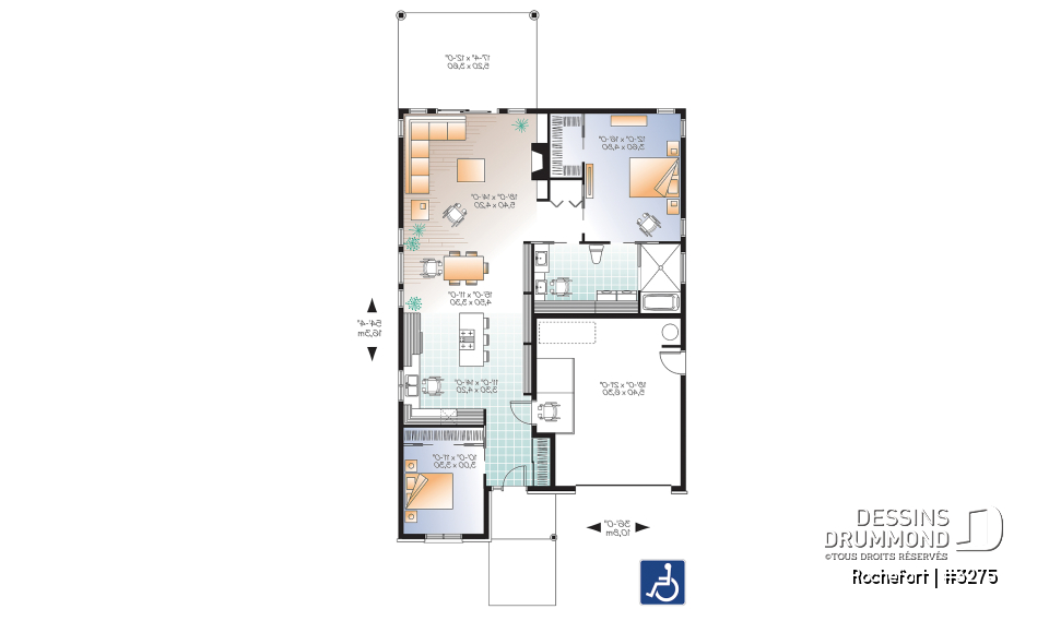 Rez-de-chaussée - Plan de bungalow adapté fauteuil roulant, 2 chambres, plafond 9pi., foyer, grande terrasse abritée - Rochefort