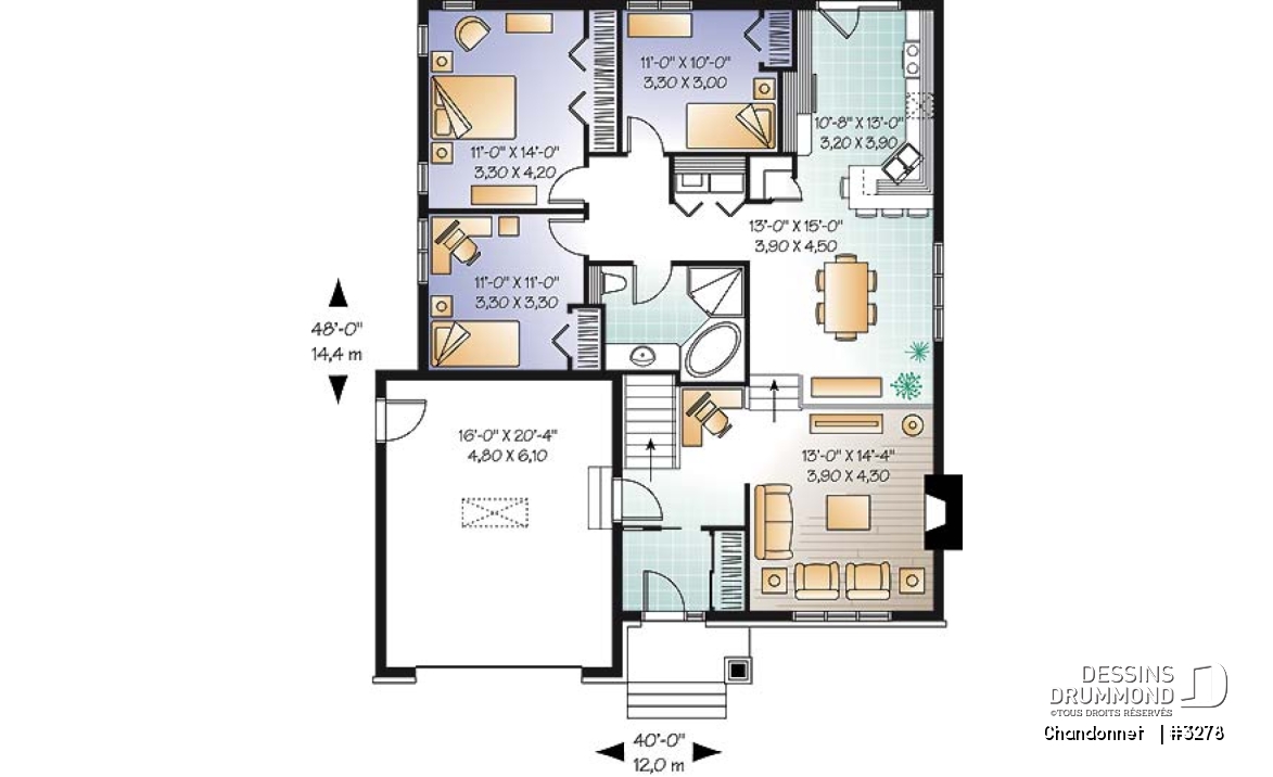 Rez-de-chaussée - Plan de bungalow champêtre économique avec garage, 3 chambres, coin bureau, salon en contrebas - Chandonnet  