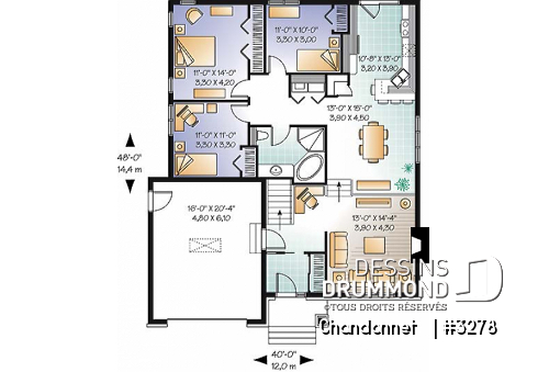 Rez-de-chaussée - Plan de bungalow champêtre économique avec garage, 3 chambres, coin bureau, salon en contrebas - Chandonnet  