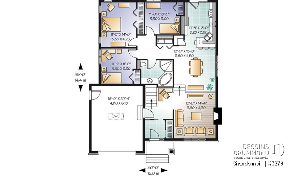 Rez-de-chaussée - Plan de bungalow champêtre économique avec garage, 3 chambres, coin bureau, salon en contrebas - Chandonnet  