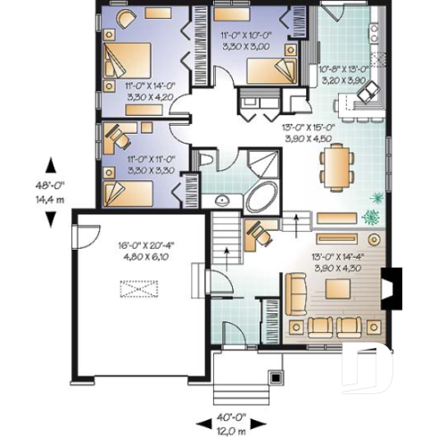 Rez-de-chaussée - Plan de bungalow champêtre économique avec garage, 3 chambres, coin bureau, salon en contrebas - Chandonnet  