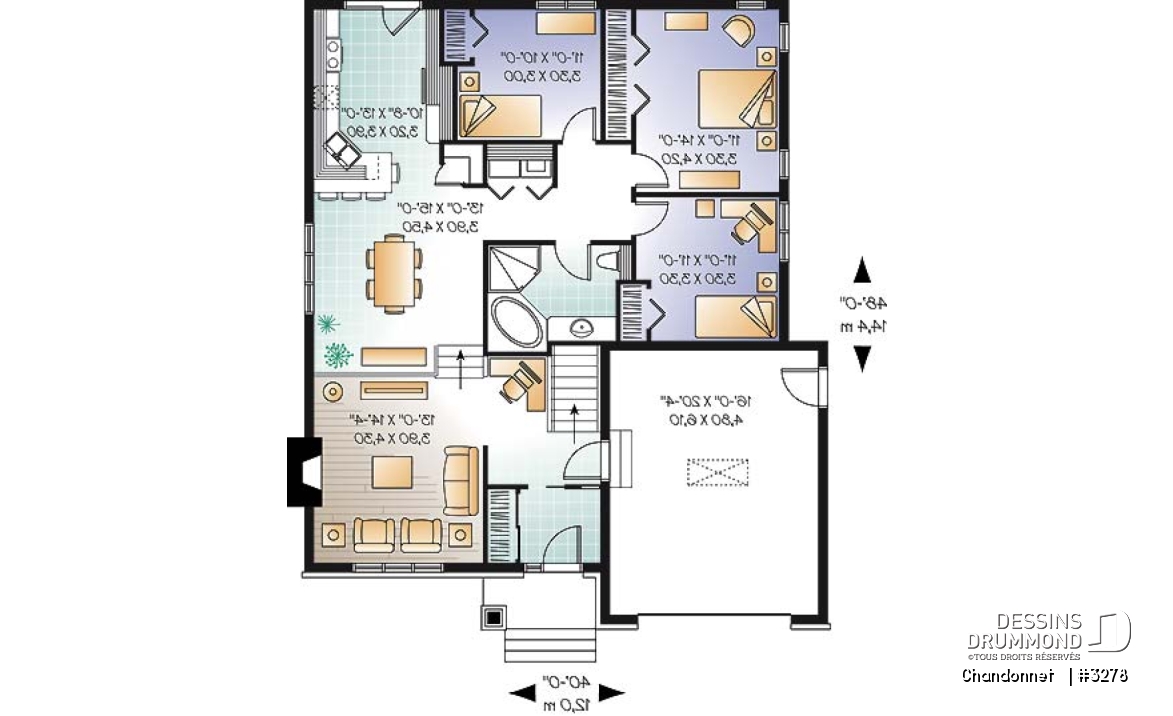 Rez-de-chaussée - Plan de bungalow champêtre économique avec garage, 3 chambres, coin bureau, salon en contrebas - Chandonnet  