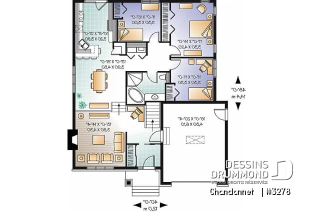 Rez-de-chaussée - Plan de bungalow champêtre économique avec garage, 3 chambres, coin bureau, salon en contrebas - Chandonnet  