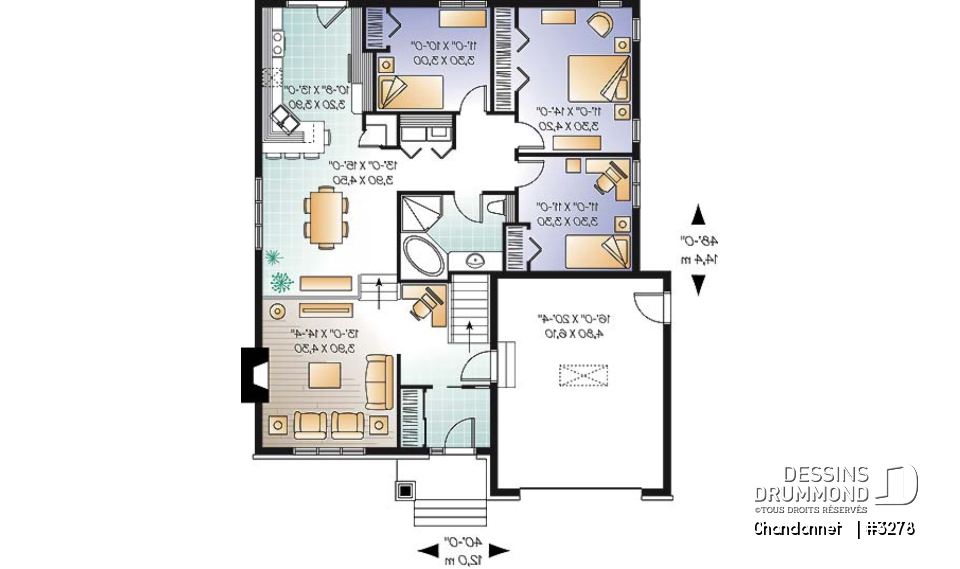 Rez-de-chaussée - Plan de bungalow champêtre économique avec garage, 3 chambres, coin bureau, salon en contrebas - Chandonnet  