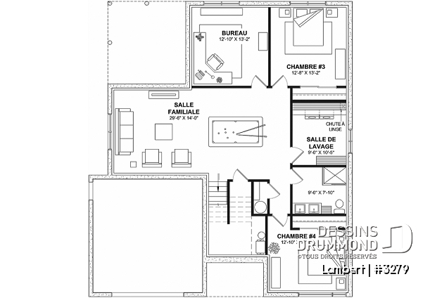 Sous-sol aménagé (Optionel $) du plan de maison unifamiliale 3279 Sous-sol aménagé (Optionel $) - Split-level contemporain, 4 à 5 chambres, salle familiale et salon, bureau, garage et plus! - Lambert