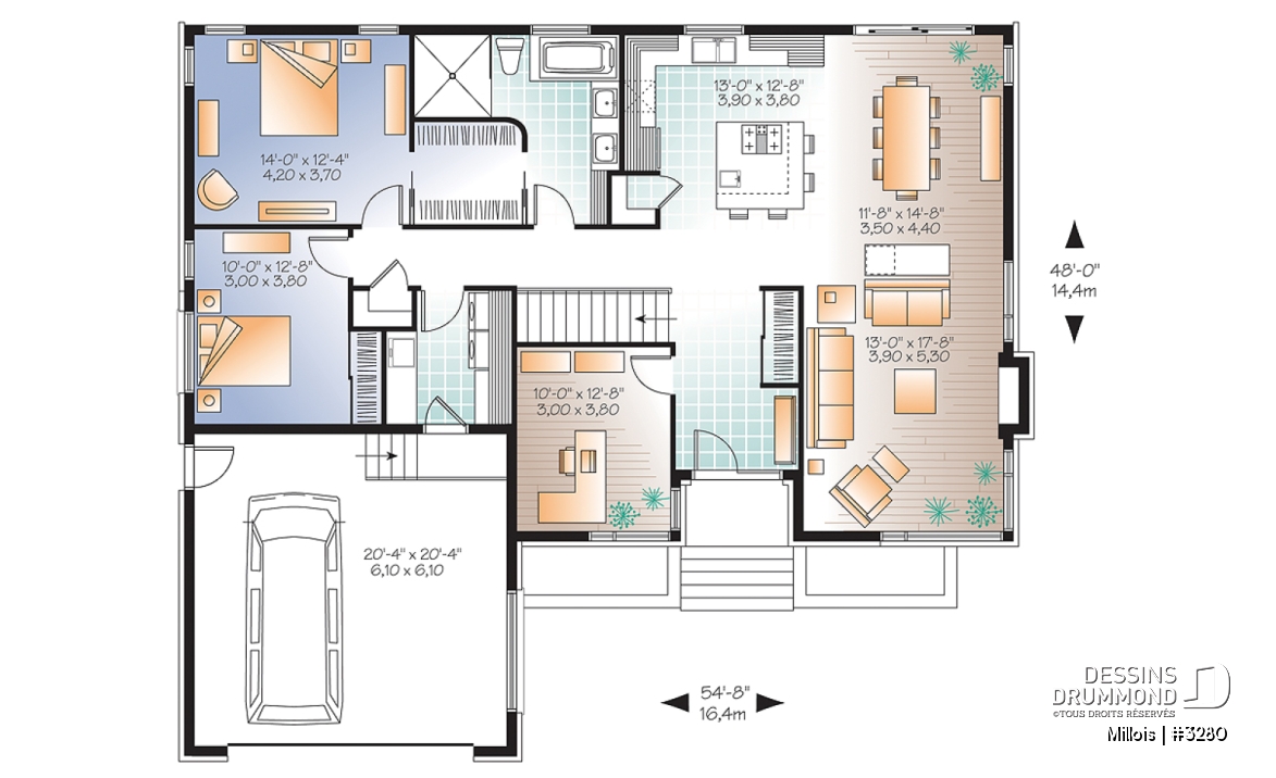 Rez-de-chaussée - Plan de maison moderne, 2 chambres + bureau (ou chambre # 3), garde manger, îlot, foyer, garage double - Millois