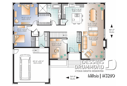 Rez-de-chaussée - Plan de maison moderne, 2 chambres + bureau (ou chambre # 3), garde manger, îlot, foyer, garage double - Millois