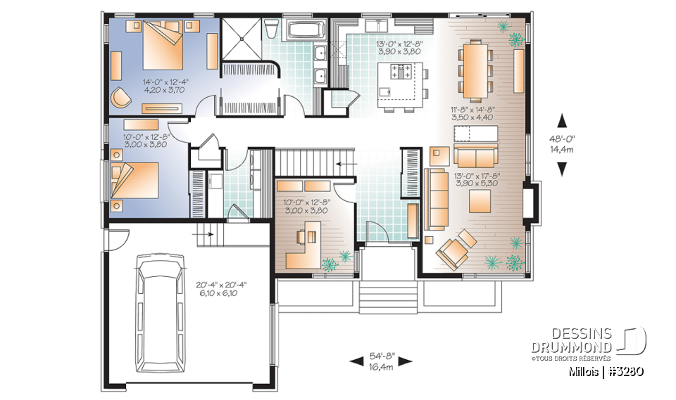 Rez-de-chaussée - Plan de maison moderne, 2 chambres + bureau (ou chambre # 3), garde manger, îlot, foyer, garage double - Millois