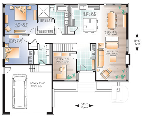 Rez-de-chaussée - Plan de maison moderne, 2 chambres + bureau (ou chambre # 3), garde manger, îlot, foyer, garage double - Millois