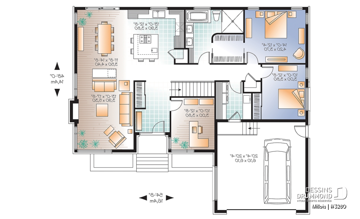 Rez-de-chaussée - Plan de maison moderne, 2 chambres + bureau (ou chambre # 3), garde manger, îlot, foyer, garage double - Millois