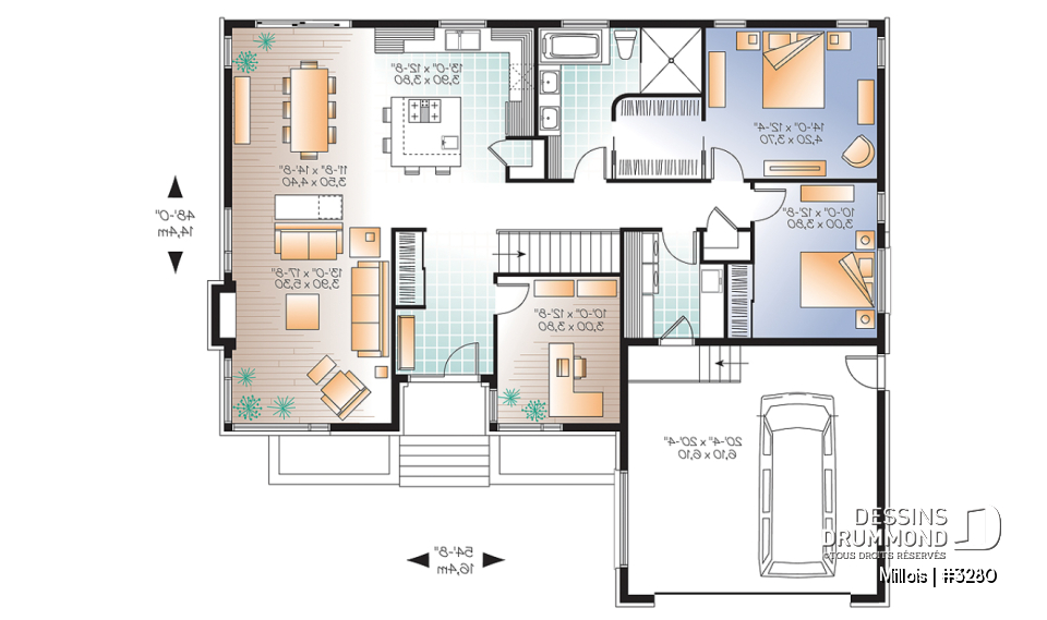 Rez-de-chaussée - Plan de maison moderne, 2 chambres + bureau (ou chambre # 3), garde manger, îlot, foyer, garage double - Millois