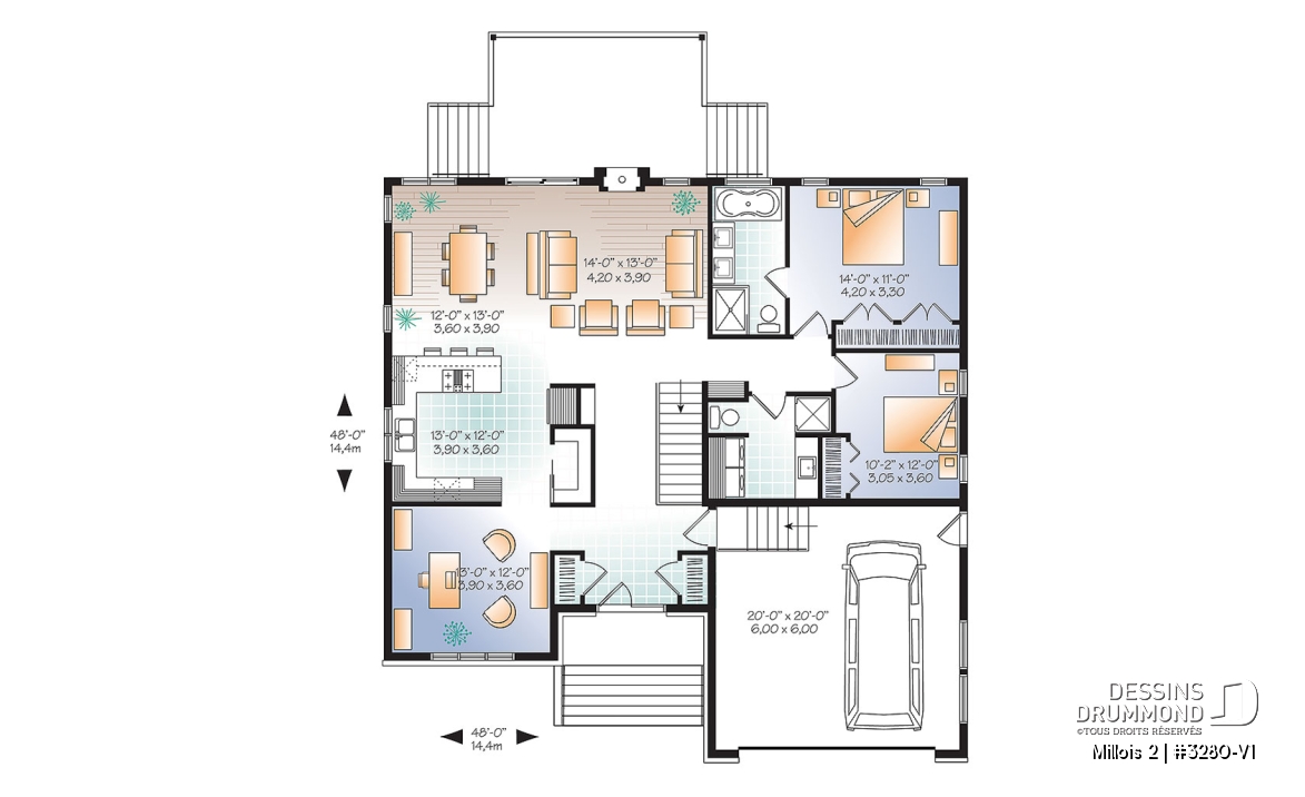Rez-de-chaussée - Plan de maison contemporaine, 2- 3 chambres, 2 s. bain, bureau, garde-manger, garage double - Millois 2