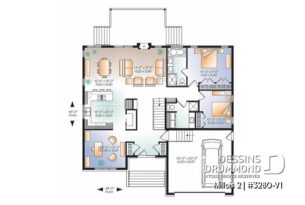 Rez-de-chaussée - Plan de maison contemporaine, 2- 3 chambres, 2 s. bain, bureau, garde-manger, garage double - Millois 2
