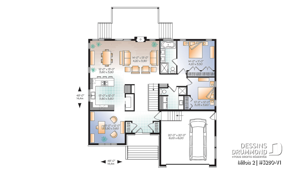 Rez-de-chaussée - Plan de maison contemporaine, 2- 3 chambres, 2 s. bain, bureau, garde-manger, garage double - Millois 2