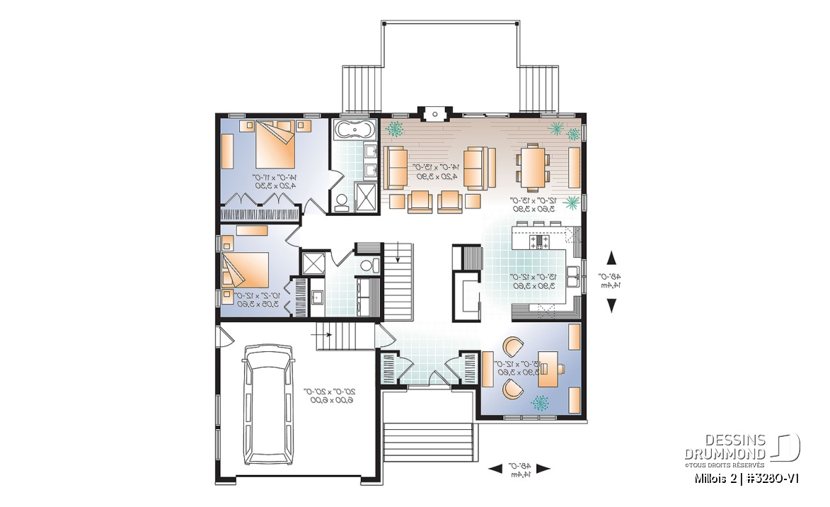 Rez-de-chaussée - Plan de maison contemporaine, 2- 3 chambres, 2 s. bain, bureau, garde-manger, garage double - Millois 2