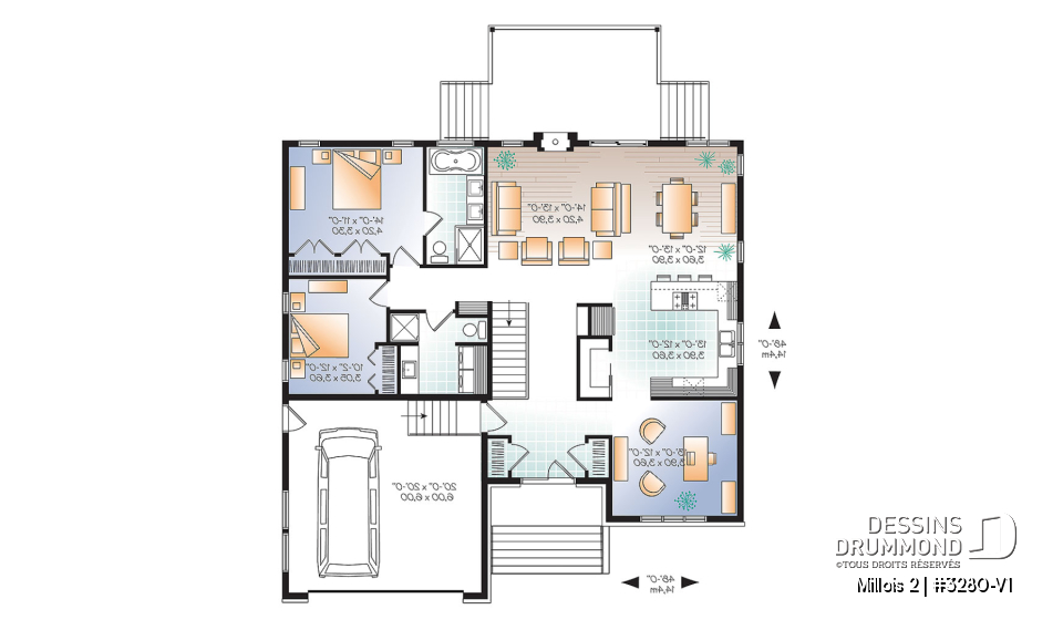 Rez-de-chaussée - Plan de maison contemporaine, 2- 3 chambres, 2 s. bain, bureau, garde-manger, garage double - Millois 2