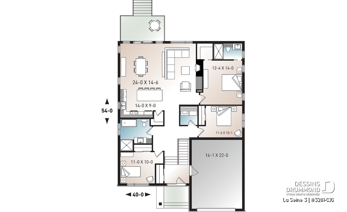 Rez-de-chaussée - Plan de maison moderne à entrée split avec garage 3 chambres, aire ouverte, foyer, îlot, garde-manger - La Seine 3