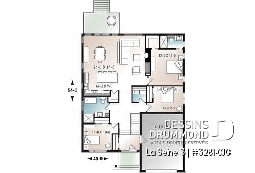 Rez-de-chaussée - Plan de maison moderne à entrée split avec garage 3 chambres, aire ouverte, foyer, îlot, garde-manger - La Seine 3