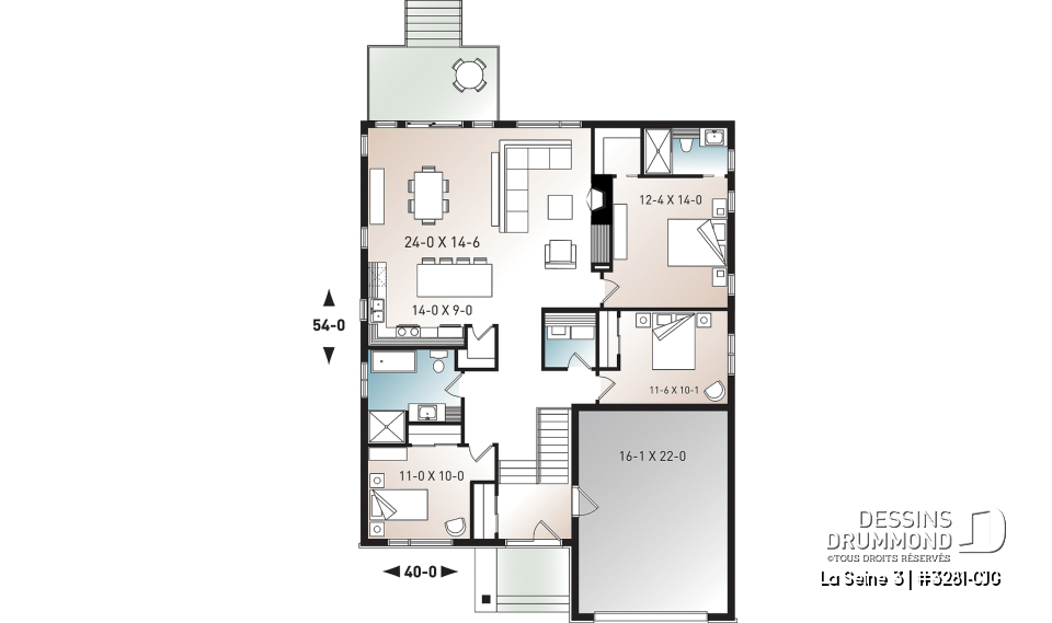 Rez-de-chaussée - Plan de maison moderne à entrée split avec garage 3 chambres, aire ouverte, foyer, îlot, garde-manger - La Seine 3