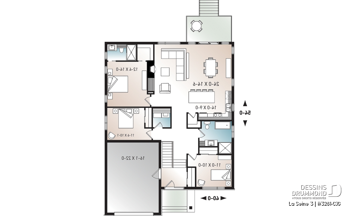 Rez-de-chaussée - Plan de maison moderne à entrée split avec garage 3 chambres, aire ouverte, foyer, îlot, garde-manger - La Seine 3