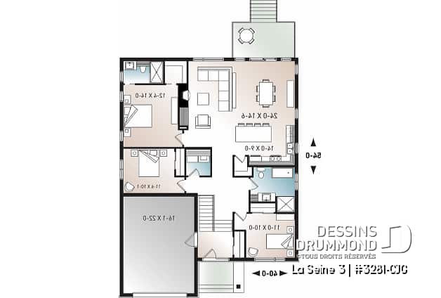 Rez-de-chaussée - Plan de maison moderne à entrée split avec garage 3 chambres, aire ouverte, foyer, îlot, garde-manger - La Seine 3