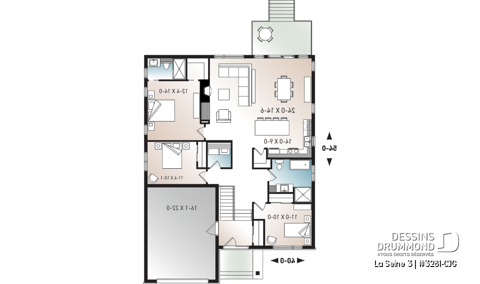 Rez-de-chaussée - Plan de maison moderne à entrée split avec garage 3 chambres, aire ouverte, foyer, îlot, garde-manger - La Seine 3
